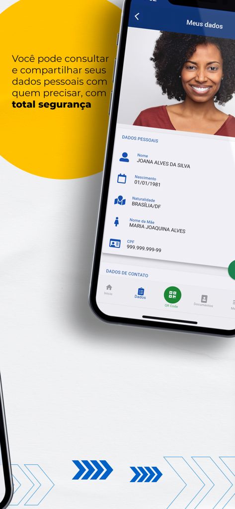 Smartphone screen showing the gov.br app personal data section with user profile and digital ID details