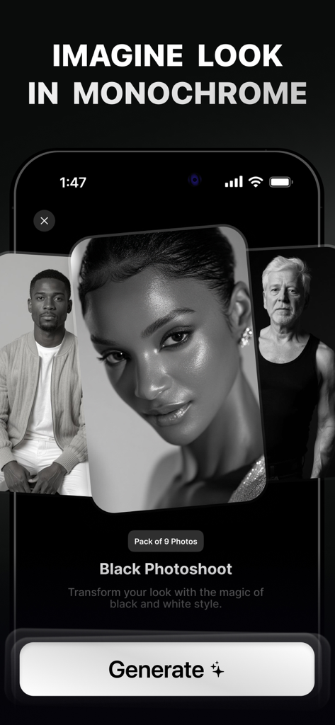 Visify - AI Photo Enhancer - Schermata dell'app Visify che mostra ritratti professionali AI in bianco e nero generati dall'IA.