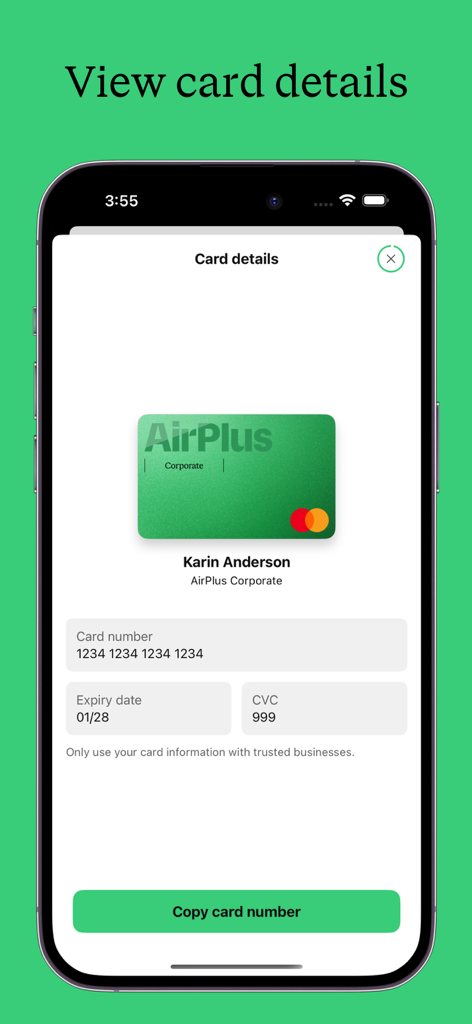AirPlus Corporate 앱 화면에 비즈니스 경비를 위한 디지털 카드 세부 정보 표시