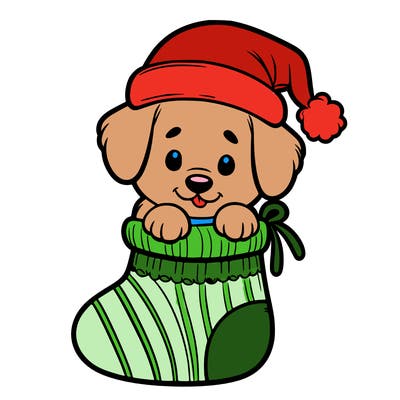 cute puppy wearing santa hat in socking