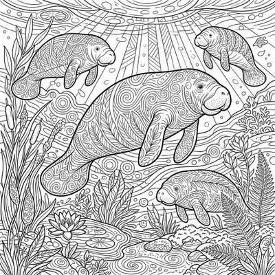 Immerse yourself in the serene world of manatees gracefully navigating warm freshwater springs. This intricate adult coloring page offers a relaxing escape for experienced colorists.