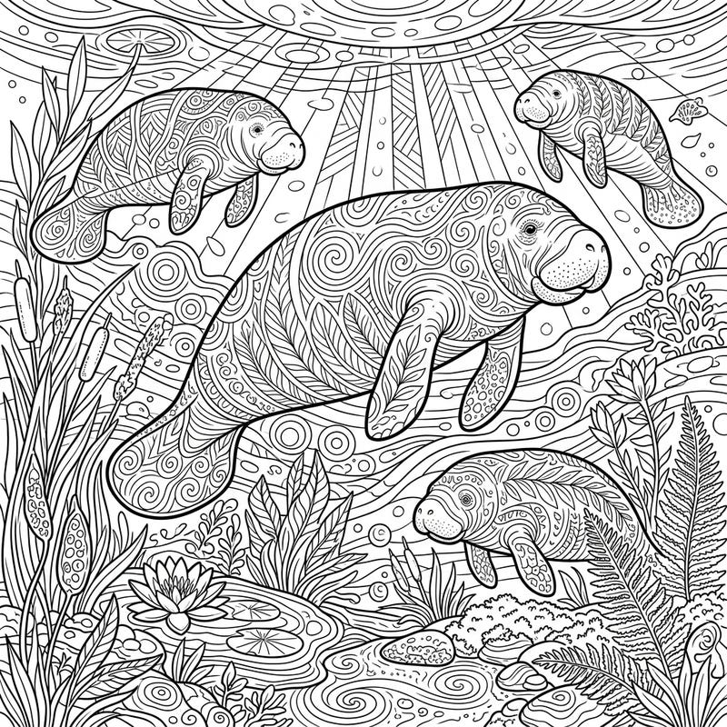 Immerse yourself in the serene world of manatees gracefully navigating warm freshwater springs. This intricate adult coloring page offers a relaxing escape for experienced colorists.