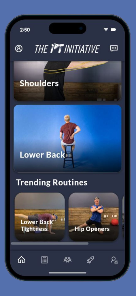 The PT Initiative mobile app home screen showing physical therapy programs for shoulders lower back and hip mobility