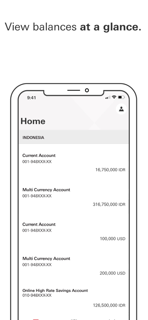IDRとUSDの口座残高を表示するHSBCインドネシアモバイルバンキングアプリのホーム画面