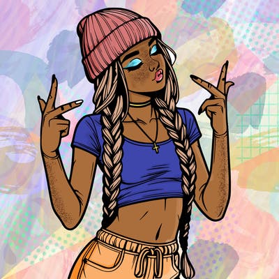 realistic teenage girl with braids and a beanie and crop top doing 🫶🏼