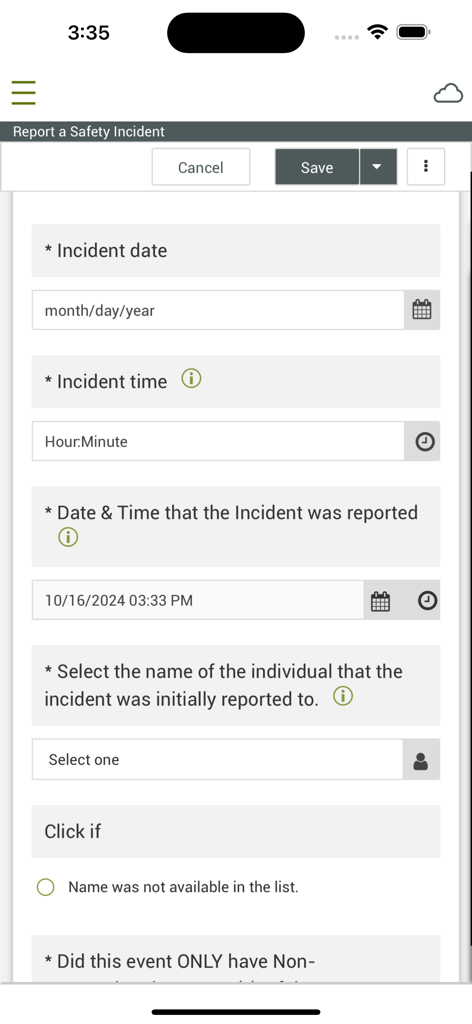 Interface of the InEight mobile app displaying a digital safety incident reporting form with fields for date and time.