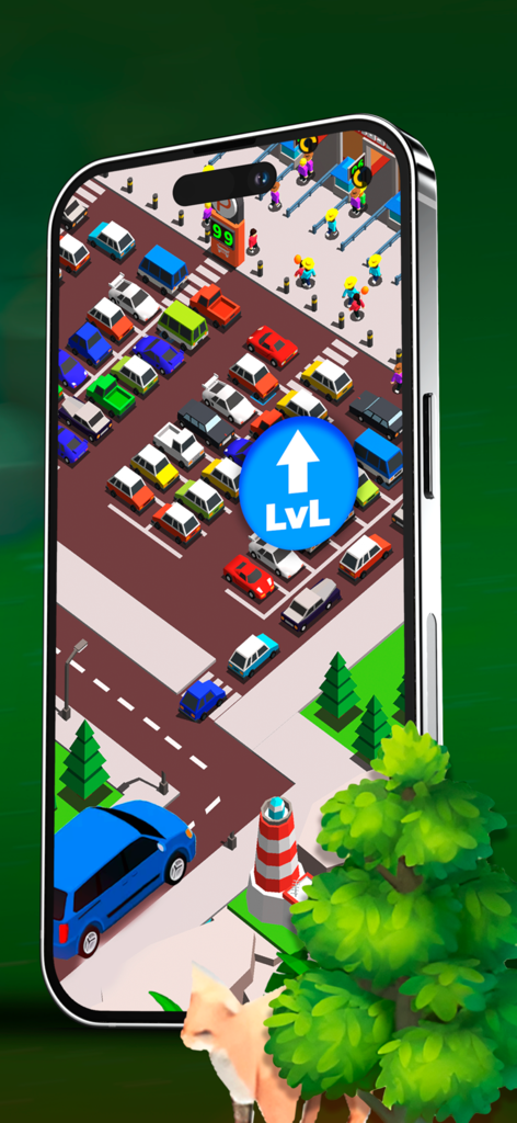 Un concurrido estacionamiento 3D con un icono de subida de nivel en el juego móvil Zoo Tycoon