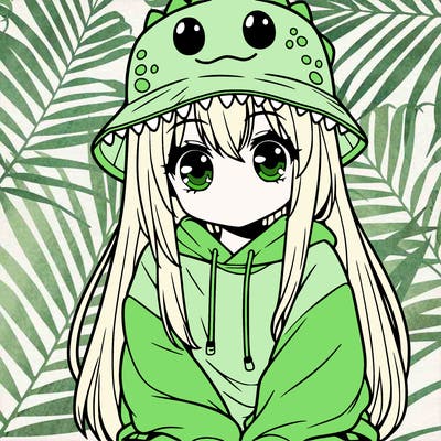 girl with anime shaped eyes with a dinosaur bucket hat oversized sweatshirt long straight hair