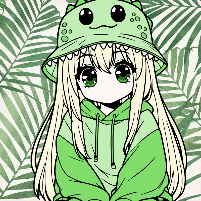 girl with anime shaped eyes with a dinosaur bucket hat oversized sweatshirt long straight hair