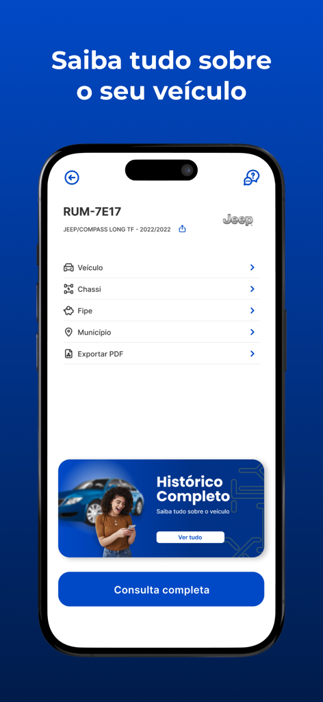 MTix Consulta Veicular - Captura de pantalla de la aplicación MTix Consulta Veicular que muestra el historial y los detalles del vehículo para un Jeep Compass