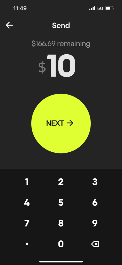 Payy app interface showing the send money screen with a 10 dollar amount and a large green next button