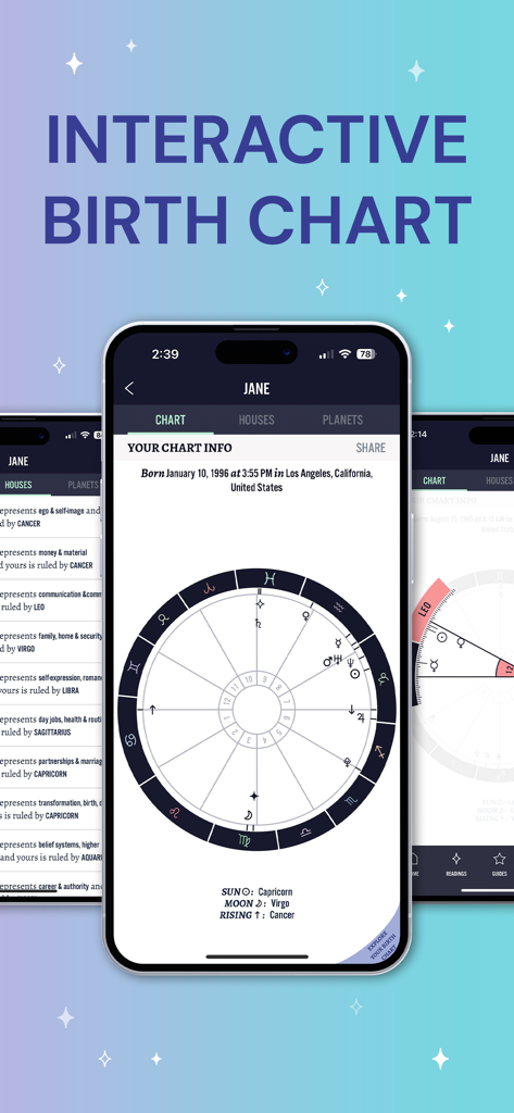 Sanctuary Psychic Reading app interface showing a detailed interactive astrological birth chart wheel with zodiac sign placements.