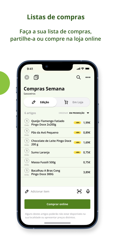 Pantalla de smartphone mostrando una lista de la compra semanal en la app móvil Pingo Doce