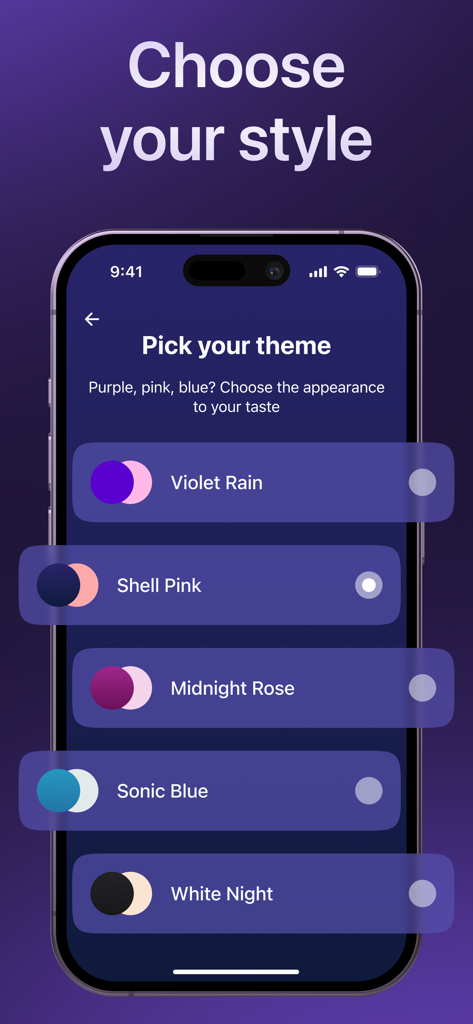 Une interface d'application mobile intitulée 'Choisissez votre thème' montrant des options de style de couleur comme 'Pluie Violette' et 'Rose Coquillage' pour le masseur à vibration.