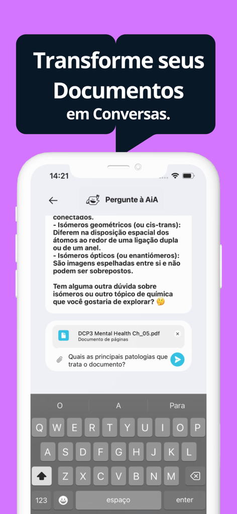 Janda.IA - Interface do aplicativo móvel Janda IA mostrando um chat com um assistente de IA sobre um documento PDF relacionado à saúde mental.