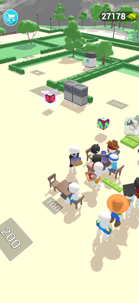 Dream Park : Wonderland Tycoon - Vista de juego cenital de personajes comiendo en mesas y gestión del parque en Dream Park Wonderland Tycoon