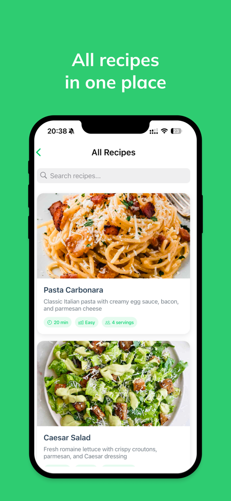 Recipe me & Ai food scanner - Una interfaz móvil de la aplicación Cookly AI que muestra una colección de recetas guardadas que incluyen Pasta Carbonara y Ensalada Caesar