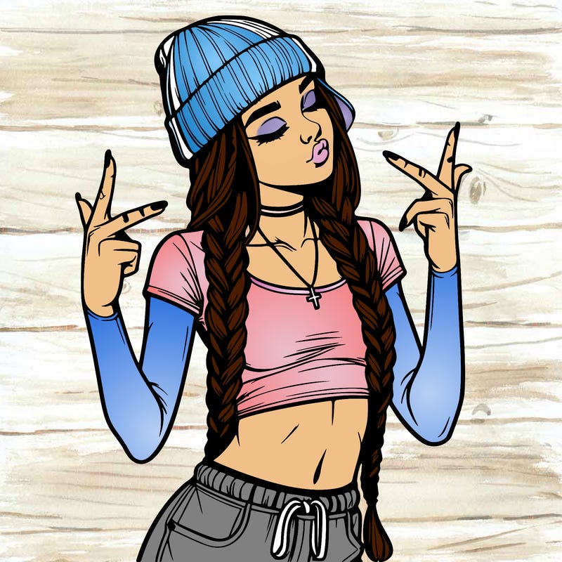 realistic teenage girl with braids and a beanie and crop top doing 🫶🏼