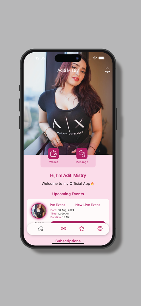 Home screen of the Aditi Mistry Official App featuring a profile picture and upcoming live event details