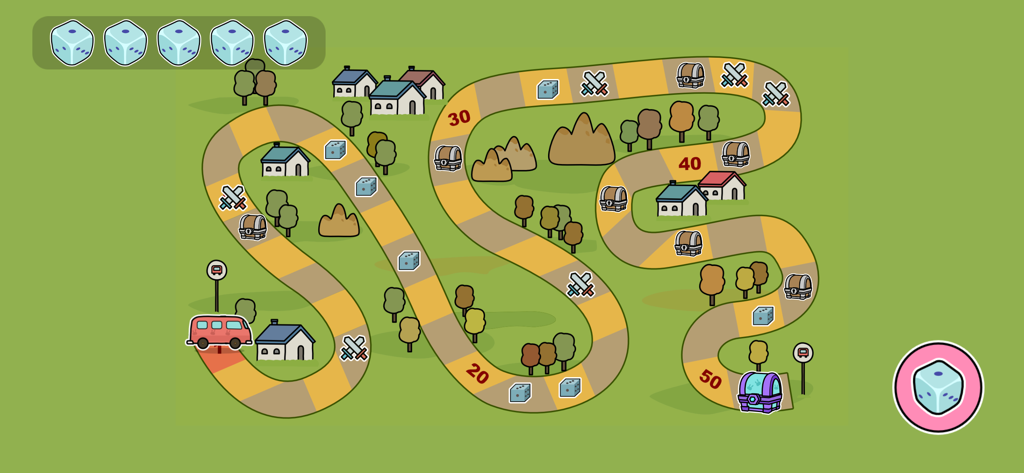 Battle Bunny:Tower Defense War - Mapa de jogo de desenho animado doodle com um caminho sinuoso, baús de tesouro e mecânica de rolagem de dados