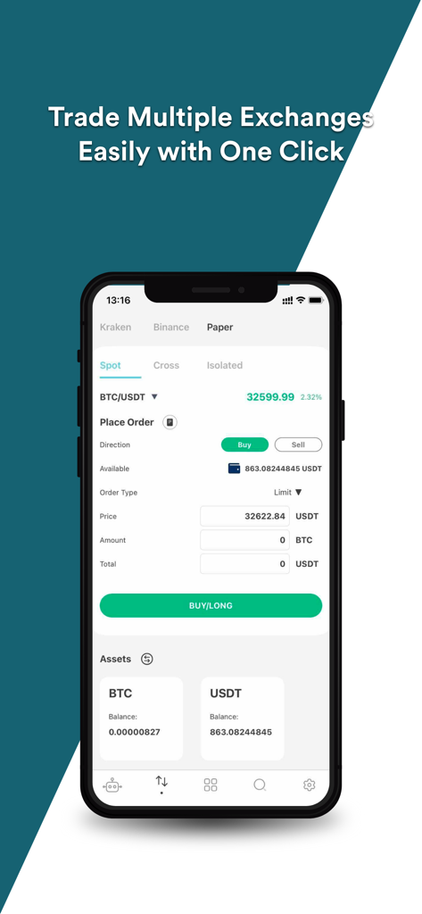 iPhone screen showing the CryptoHero app trading interface with options for multiple exchanges like Kraken and Binance