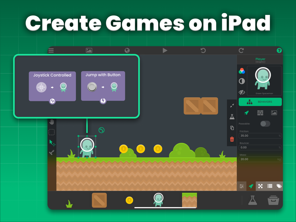 A visual game development interface on iPad showing character logic and level design