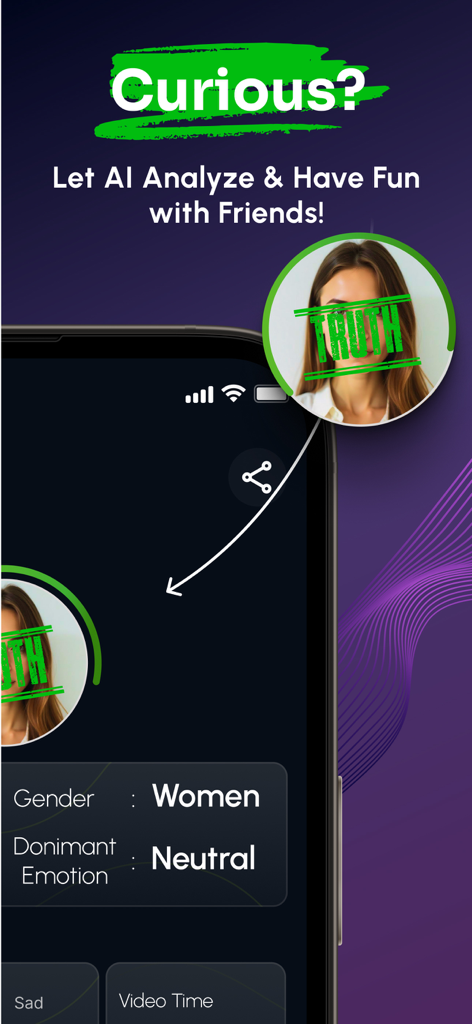 AI Lie Detector: Truth Test - Smartphone screen displaying AI lie detector facial analysis with a truth verification stamp.