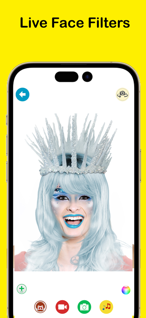Crazy Helium Funny Face Voice - Captura de pantalla de la app Crazy Helium que muestra un filtro facial de reina de hielo en vivo con cabello azul