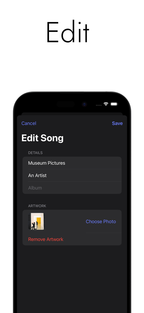 My Own Music - Interface of the My Own Music app showing fields to edit song metadata and album artwork