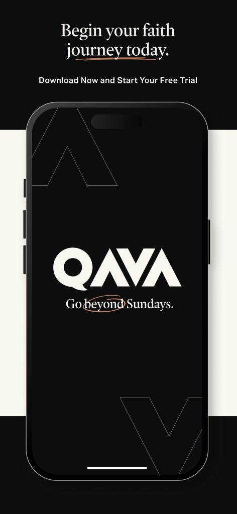 QAVA - QAVA App-Oberfläche mit Logo und Slogan 'Go beyond Sundays' auf einem Mobiltelefon
