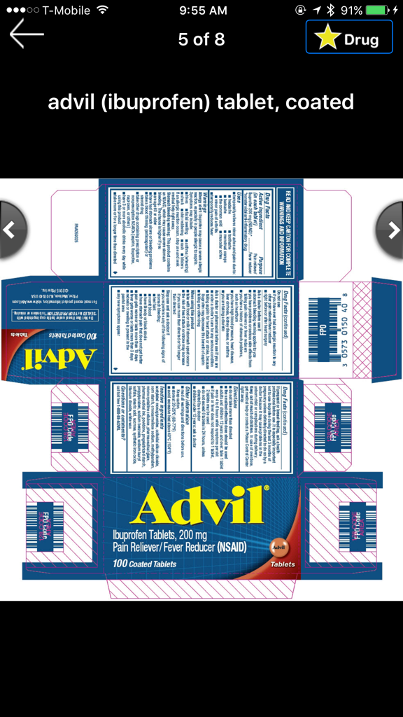 Capture d'écran de l'application montrant l'étiquette officielle de l'emballage d'Advil et les informations sur le médicament provenant de la base de données de la NLM