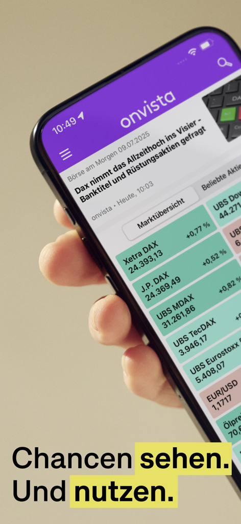 Application de marché boursier onvista affichant les indices DAX allemands en temps réel et des actualités financières sur un smartphone