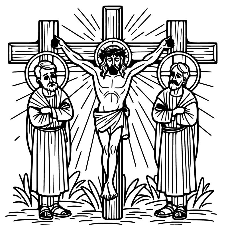jesus on the cross and two people next to him on the cross jesus in the middle and a good man on the right and a bad man kn the left