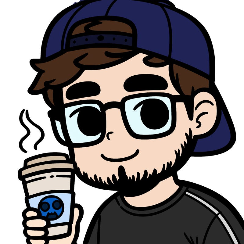 a man with glasses a small beard and a baseball hat holding a cup of coffee