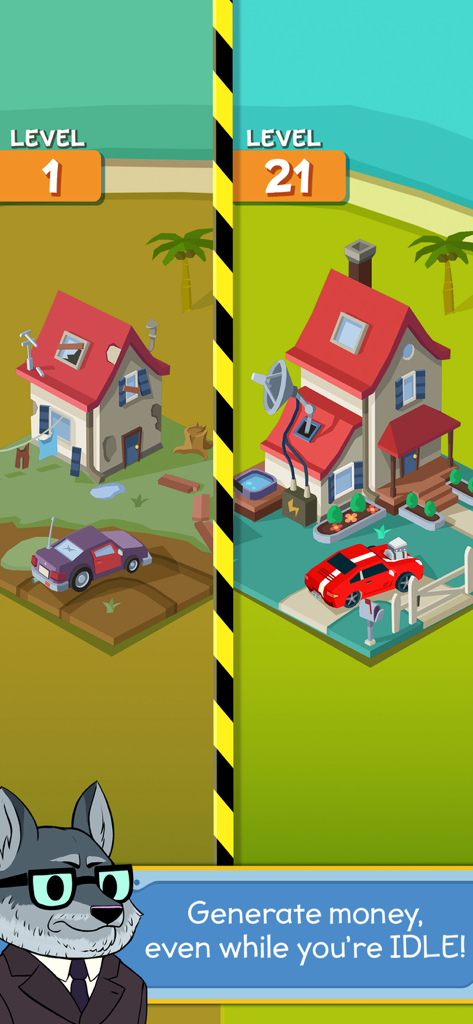 Taps to Riches - 기본 1레벨 주택과 스포츠카가 있는 업그레이드된 21레벨 고급 주택의 나란한 비교.