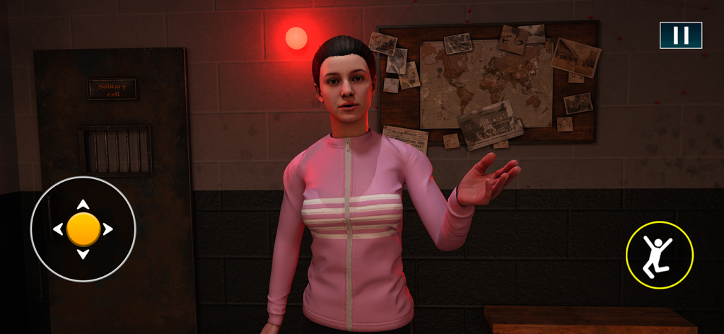 Una escena de juego 3D de Virus Control Border Zone con un personaje femenino en una sala de detención segura con una puerta de celda solitaria y controles de joystick digitales.