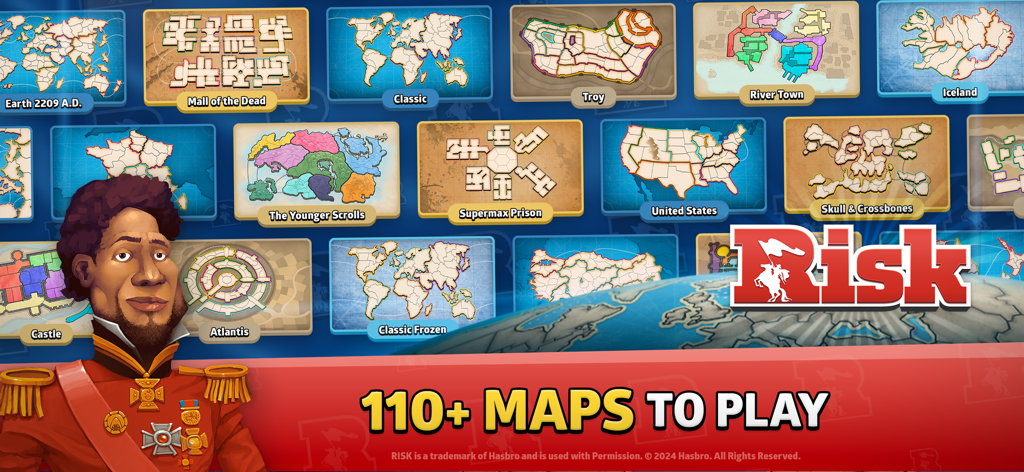 Una cuadrícula que muestra una variedad de mapas estratégicos disponibles en el juego móvil RISK: Dominación Global, incluyendo temas clásicos y personalizados.