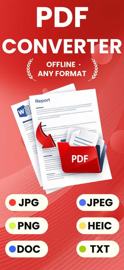 Image to PDF Converter: Photo - Banner promocional para la app de conversión de imágenes a PDF que muestra la conversión sin conexión de varios formatos de archivo