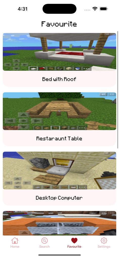 Furniture Guide for Minecraft! - A list of favorite furniture designs in the Minecraft Furniture Guide app including a bed with a roof and a desktop computer.