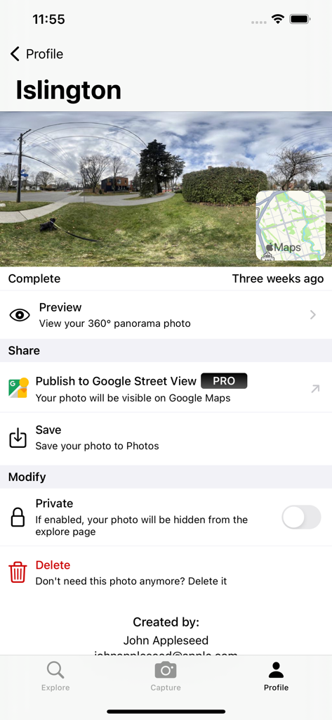 Profile view in Teleport app displaying a captured 360 panorama with sharing and management settings
