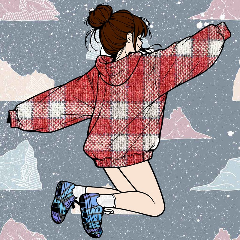 realistic girl jumping with a bun and oversized sweatshirt