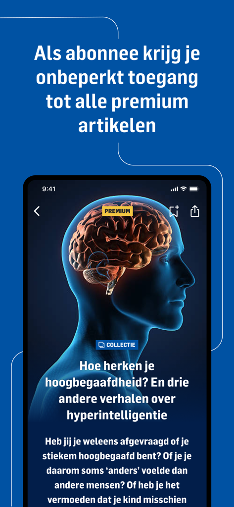 PZC nieuws - A screenshot of the PZC nieuws app showing a premium article about high intelligence with a glowing brain graphic