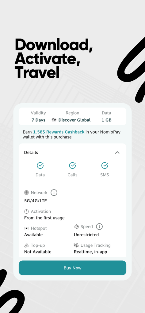 Nomio: eSIM Travel & Internet - Nomio app screen displaying a 7 day global eSIM data plan with 1GB of data and unrestricted speed