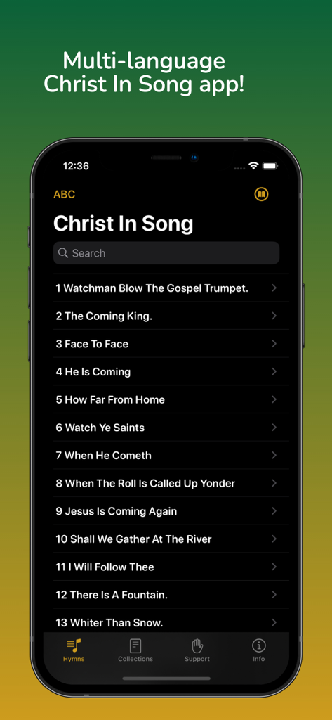 Christ In Song Multi-Language - A smartphone displaying a list of numbered hymns from the Christ In Song SDA hymnal in English