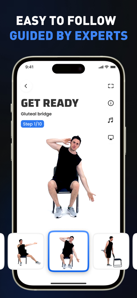 Chair Workout for Men~Easy Fit - Interfaz de una aplicación móvil que muestra a un hombre realizando un estiramiento lateral sentado en una silla con instrucciones de ejercicio paso a paso.