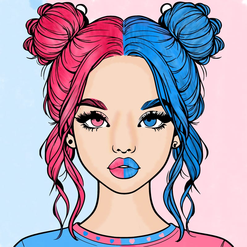 realistic girl with two buns in hair and lips