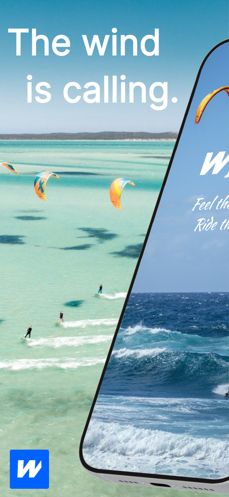 Kitesurfistas em uma praia turquesa com o texto O vento está chamando e o logotipo do aplicativo WYND