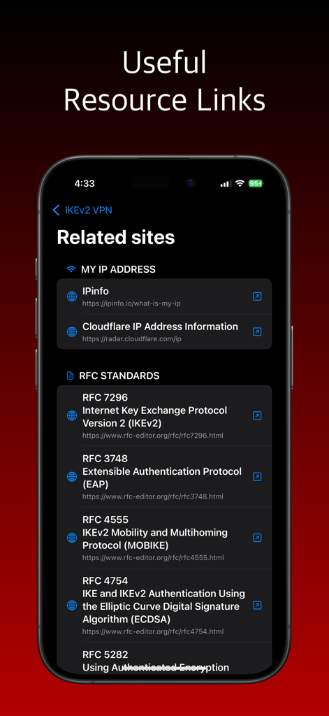 IKEv2 VPN 앱의 스크린샷에 기술 RFC 표준 및 IP 주소 정보 리소스에 대한 링크 표시