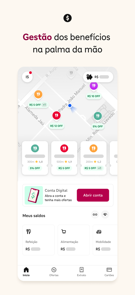 iFood Benefícios - iFood Beneficios app home screen showing restaurant discounts on a map and benefit wallet balances