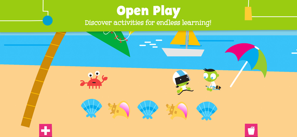 PBS Parents Play and Learn - A beach-themed open play screen from the PBS Parents Play and Learn app featuring educational activities for children.